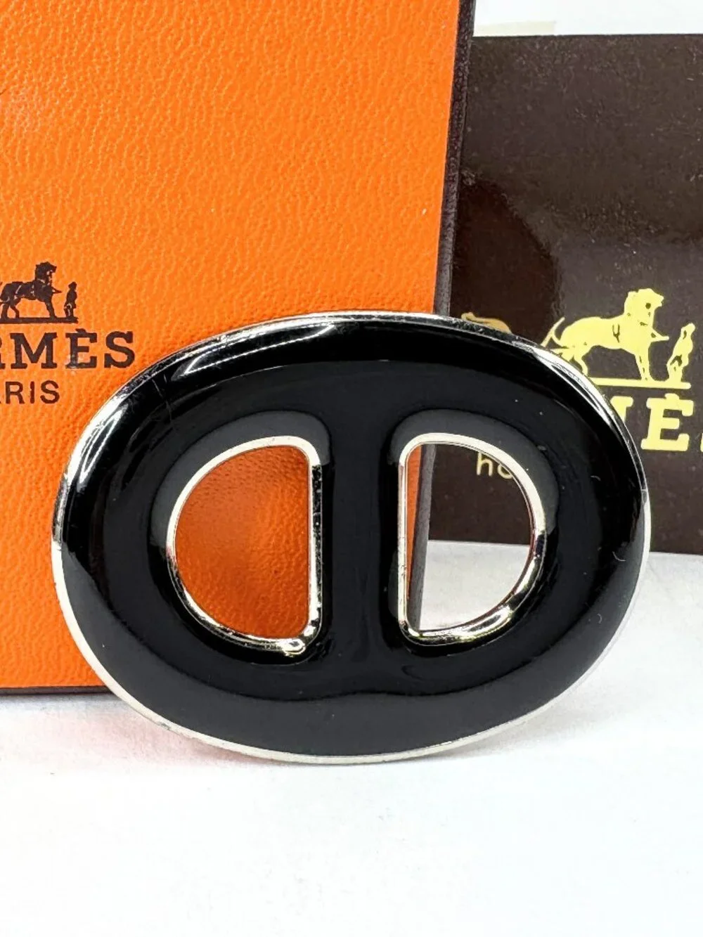 Vintage Hermès Chaîne d’Ancre Black Enamel Palladium Scarf Ring With Box GS870